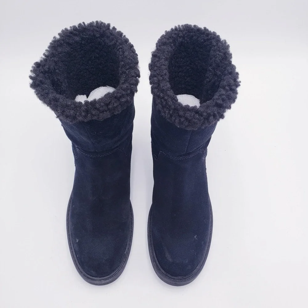 Clarks Opal Suede Faux Fur Trim Boots Black‎ Mid Calf Side Zip Women's Size 6